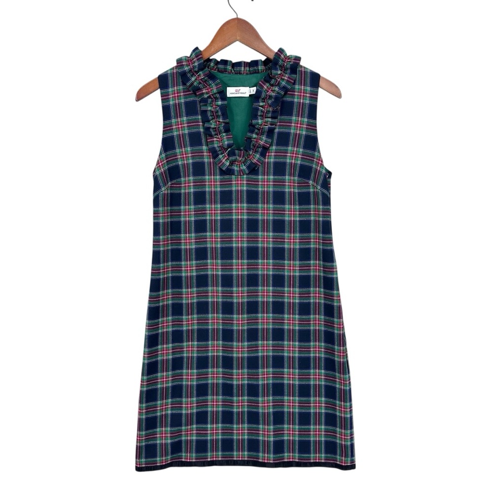 VINEYARD VINES Dress Tartan Plaid Ruffle Sleeveless Green